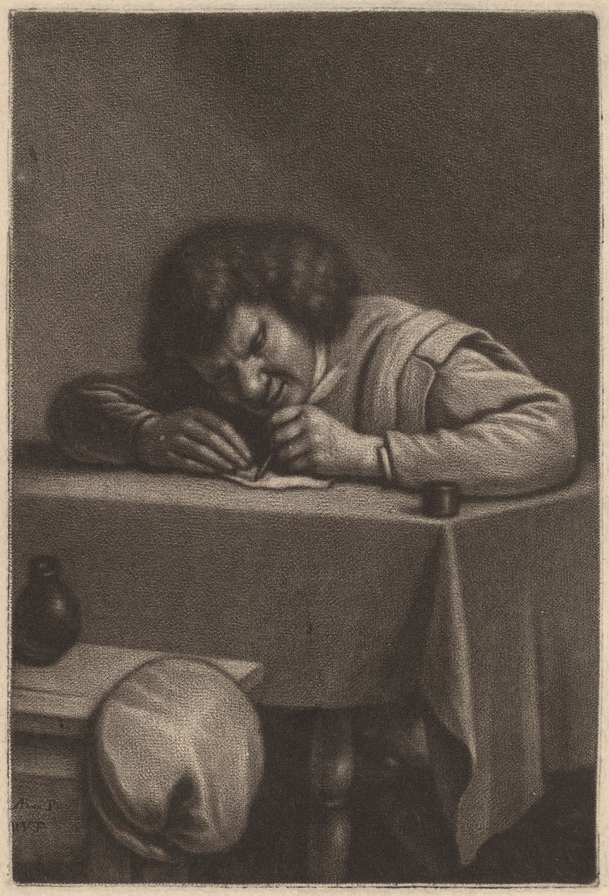 一个在桌前写作的人 作者 在 Adriaen Brouwer 之后的 Wallerant Vaillant