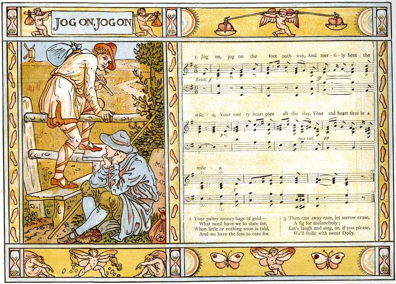&39;Jog On，Jog On&39;，歌曲插图来自&39;Pan-Pipes&39;，一本旧歌，新安排和Theo伴奏。 Marzials，1884年由George Routledge und Sons在伦敦出版 作者 沃尔特克兰