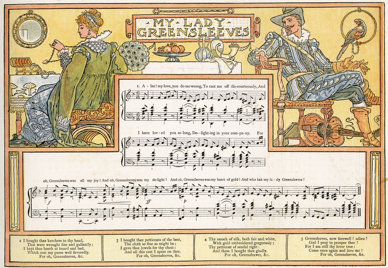 &39;My Lady Greensleeves&39;，歌曲插图来自&39;Pan-Pipes&39;，一本旧歌，新安排和Theo陪伴。 Marzials，1884年由George Routledge und Sons在伦敦出版（颜色 作者 沃尔特克兰