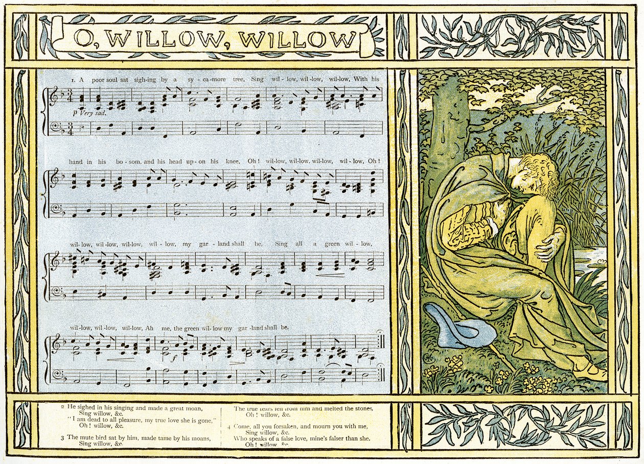 “O Willow，Willow”，传统的英国民歌，“Pan-Pipes”中的插图，“老歌”，“新安排”和“Theo伴奏”。 Marzials由George Routledge在伦敦出版 作者 沃尔特克兰