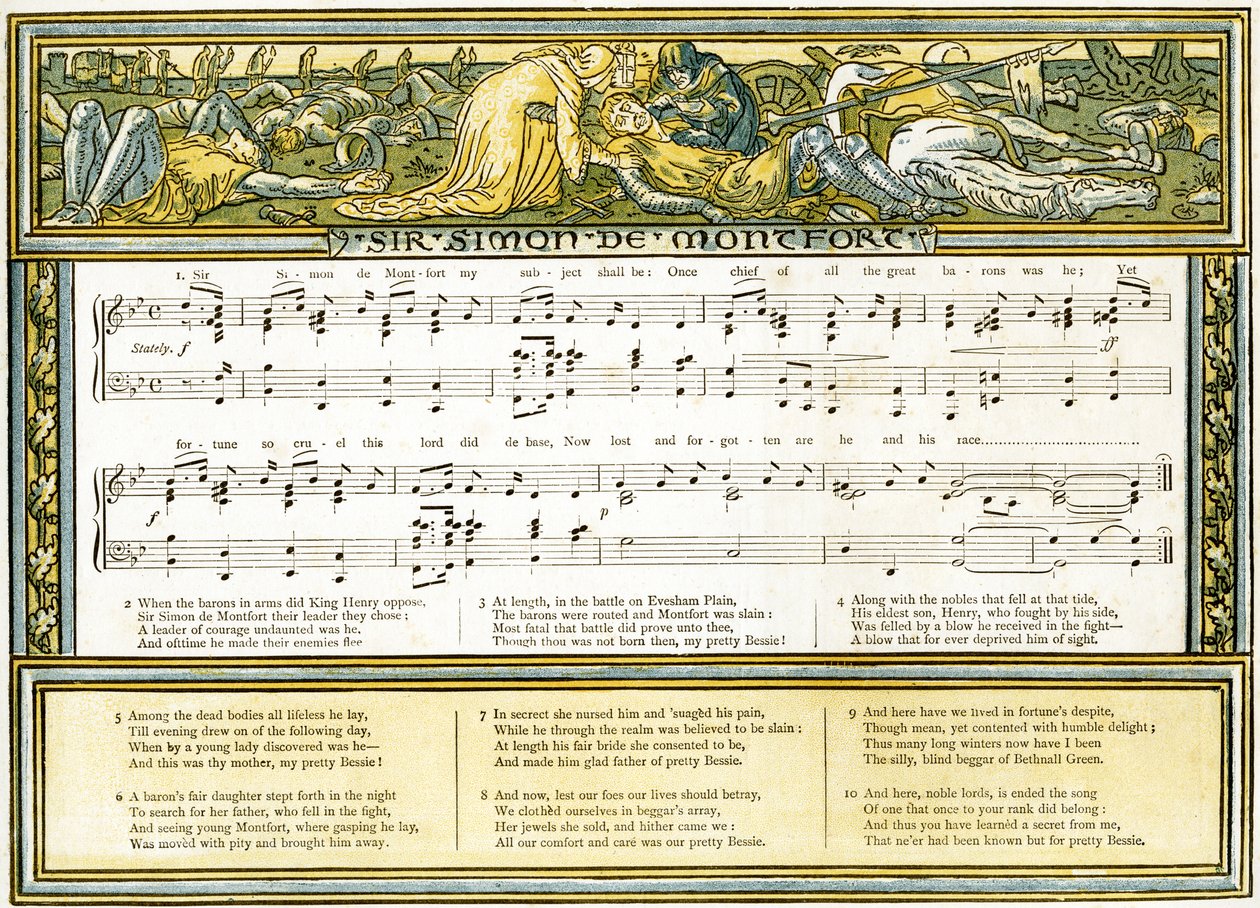 “西蒙德蒙特福特爵士”，“潘 - 管”的歌曲插图，“老歌”，新安排和西奥的伴奏。 Marzials，1884年由George Routledge und Sons在伦敦出版（颜色 作者 沃尔特克兰