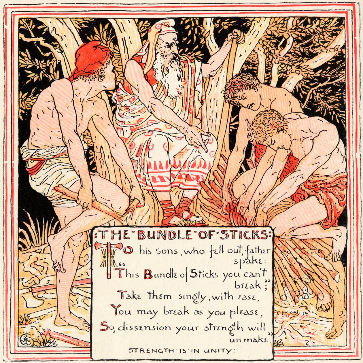 The Bundle of Sticks，来自&39;Baby&39;s Own Aesop&39;的插图，由伦敦Edmund Evans雕刻和印刷，于1920年出版 作者 沃尔特克兰