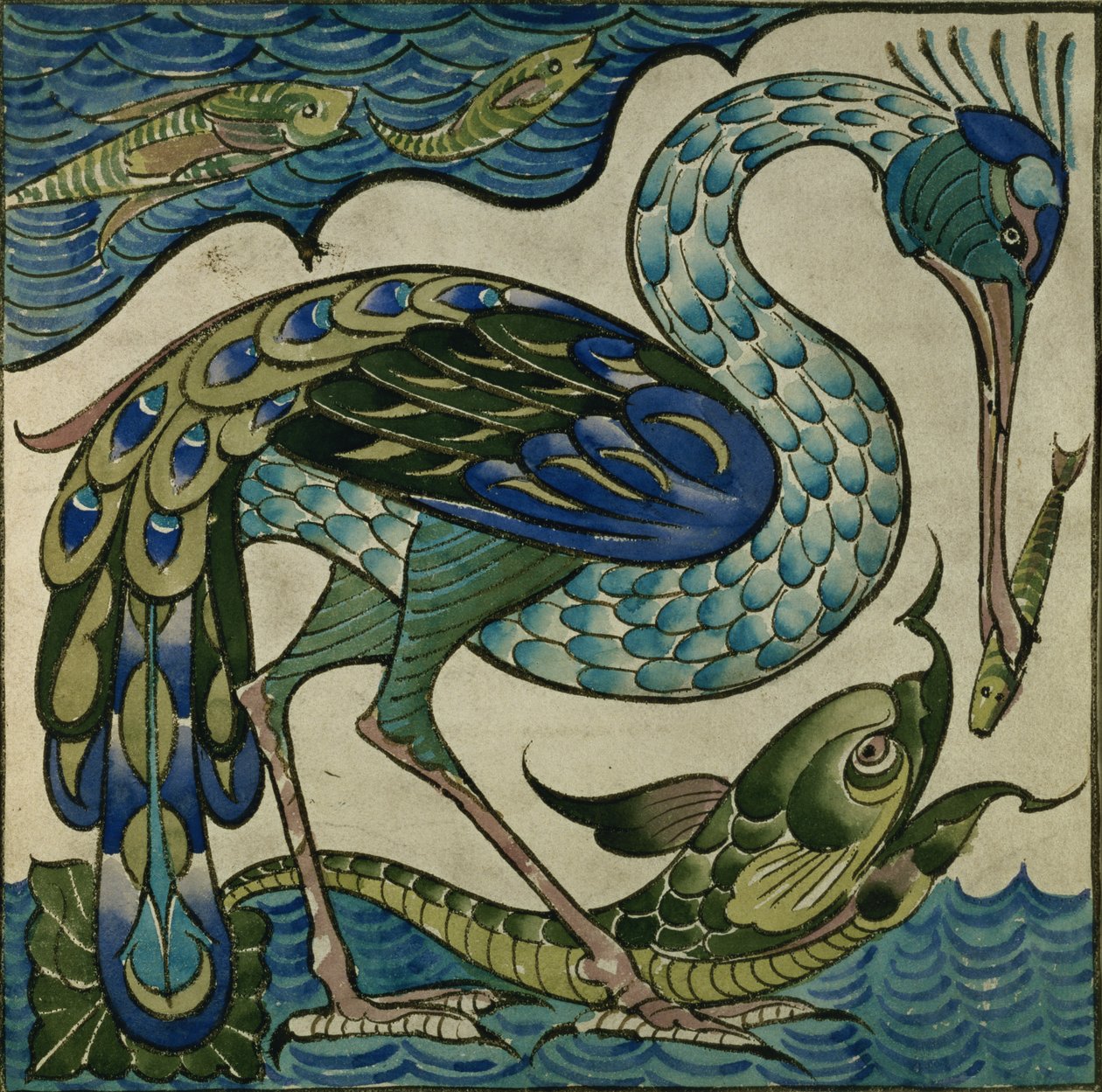 Walter Crane（1845-1915）的苍鹭和鱼的瓷砖设计 作者 沃尔特克兰