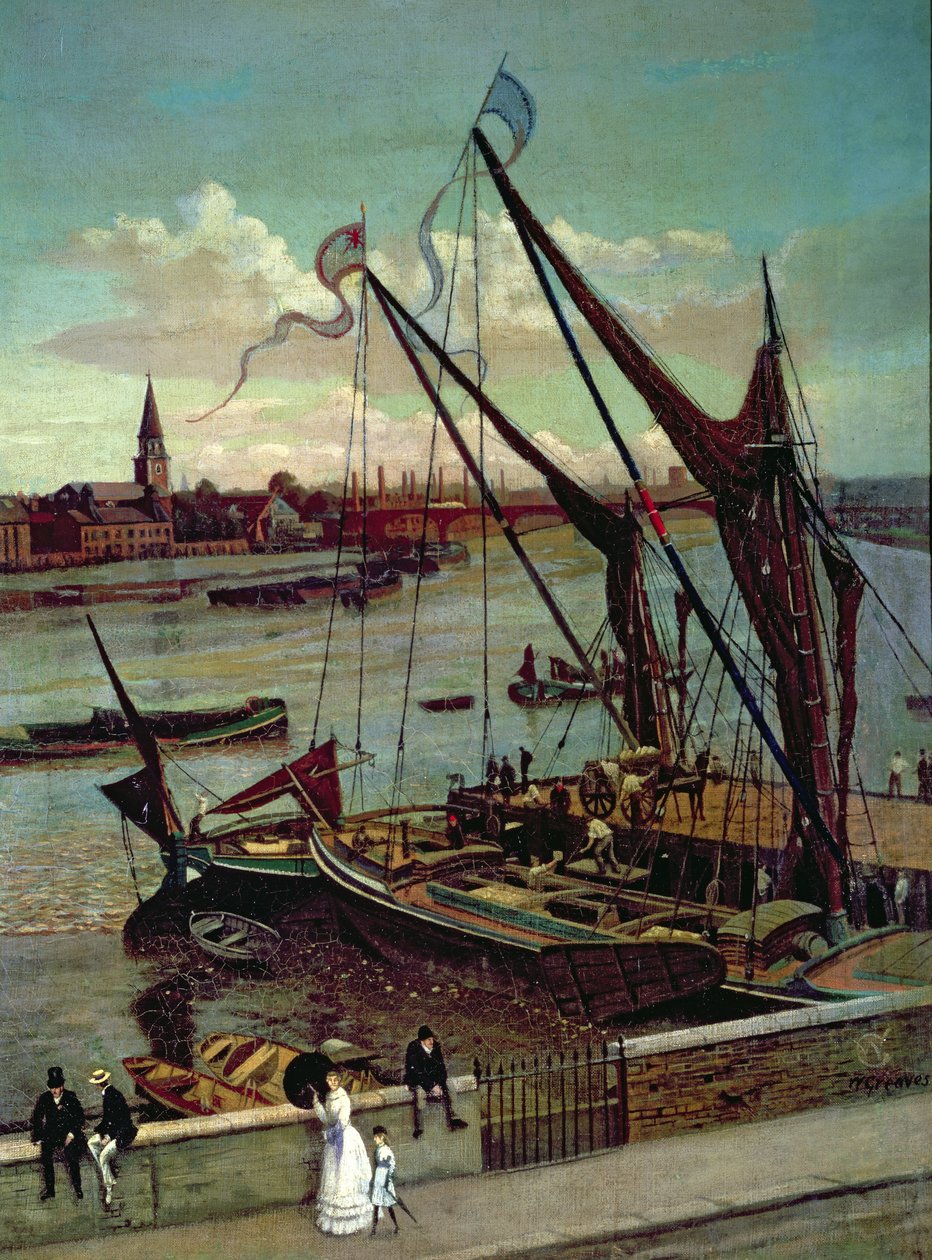 卸载驳船，Lindsay码头和巴特西教堂，1860年 作者 沃尔特·格雷夫斯