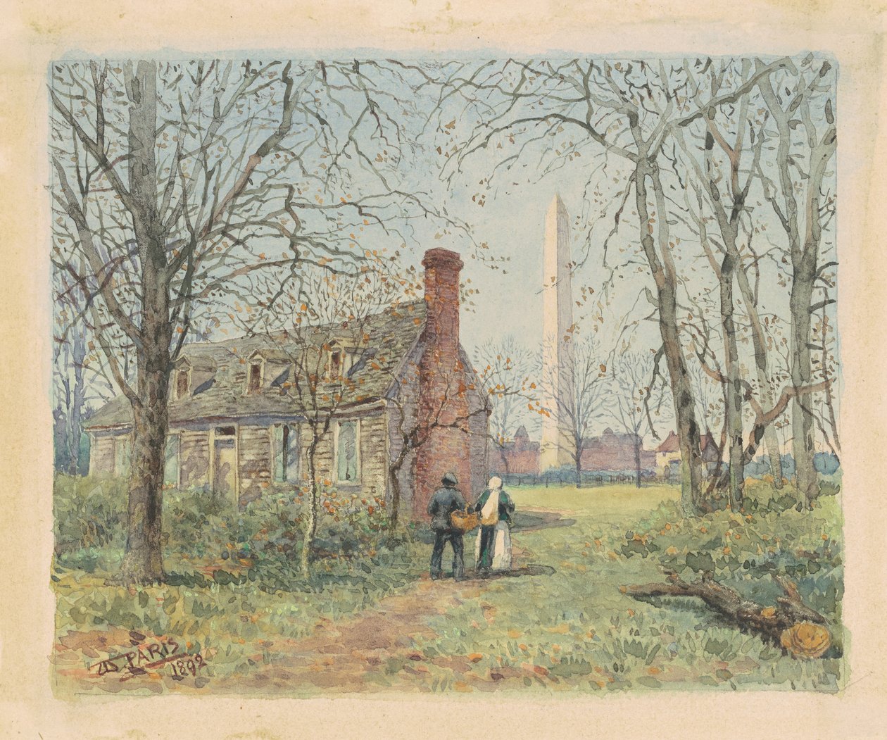 大卫伯恩斯小屋和华盛顿纪念碑，华盛顿特区，1892年（水彩和石墨在编织纸上） 作者 沃尔特·巴黎
