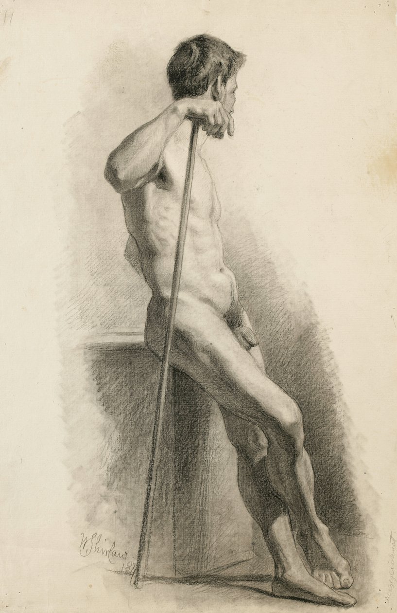 男性裸体与工作人员的研究，侧视图，1871年（浅炭纸上的木炭） 作者 沃尔特·斯劳（Walter Shirlaw）