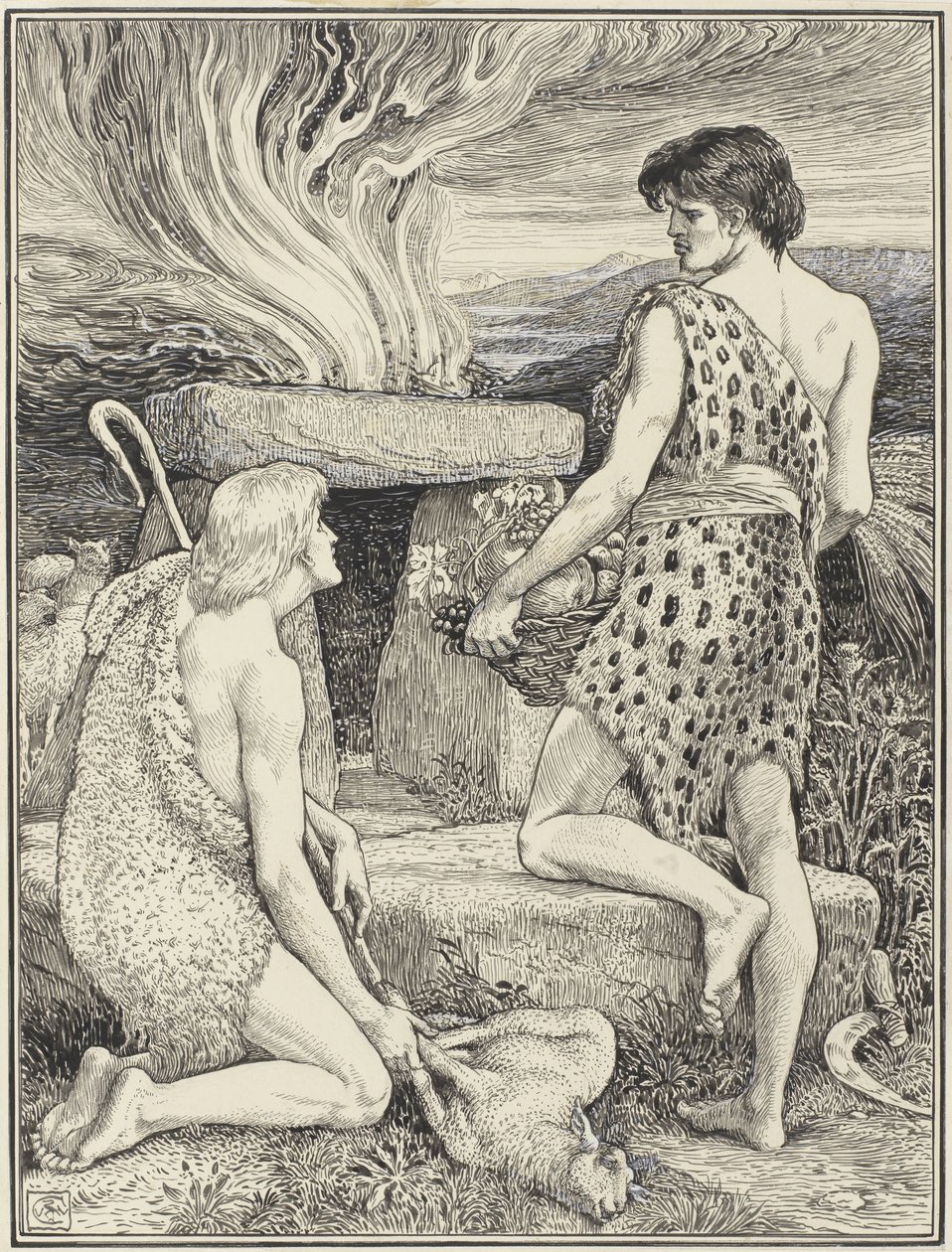 该隐和亚伯 作者 Walter Crane（艺术家签名）