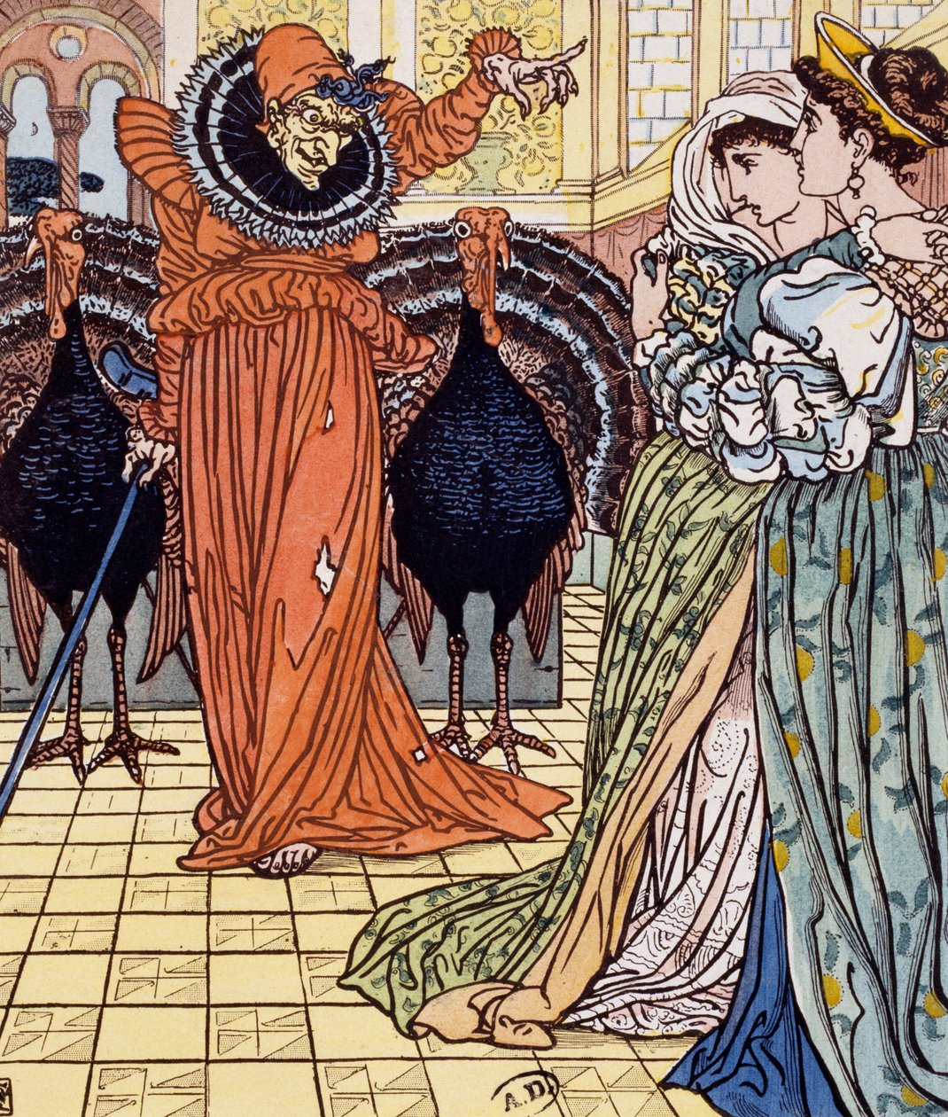 女巫的显现与两只孔雀相伴，根据沃尔特·克兰 (Walter Crane) 的绘画雕刻（1845-1915 年） 作者 沃尔特克兰
