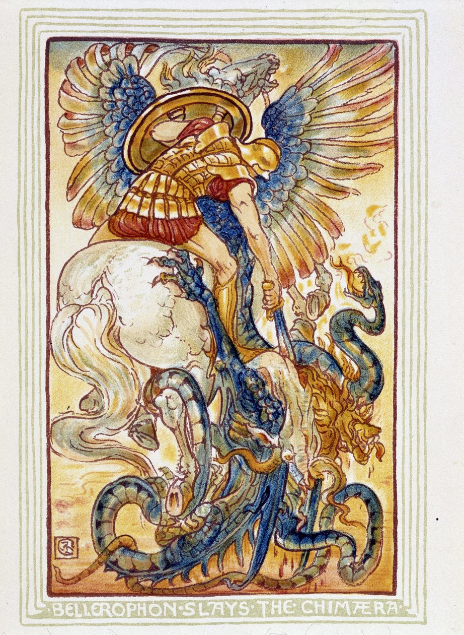 Bellerophon 与 les chimeres 战斗 - 在“”一本男孩和女孩的奇迹书”中，生病了。 通过沃尔特起重机 作者 沃尔特克兰