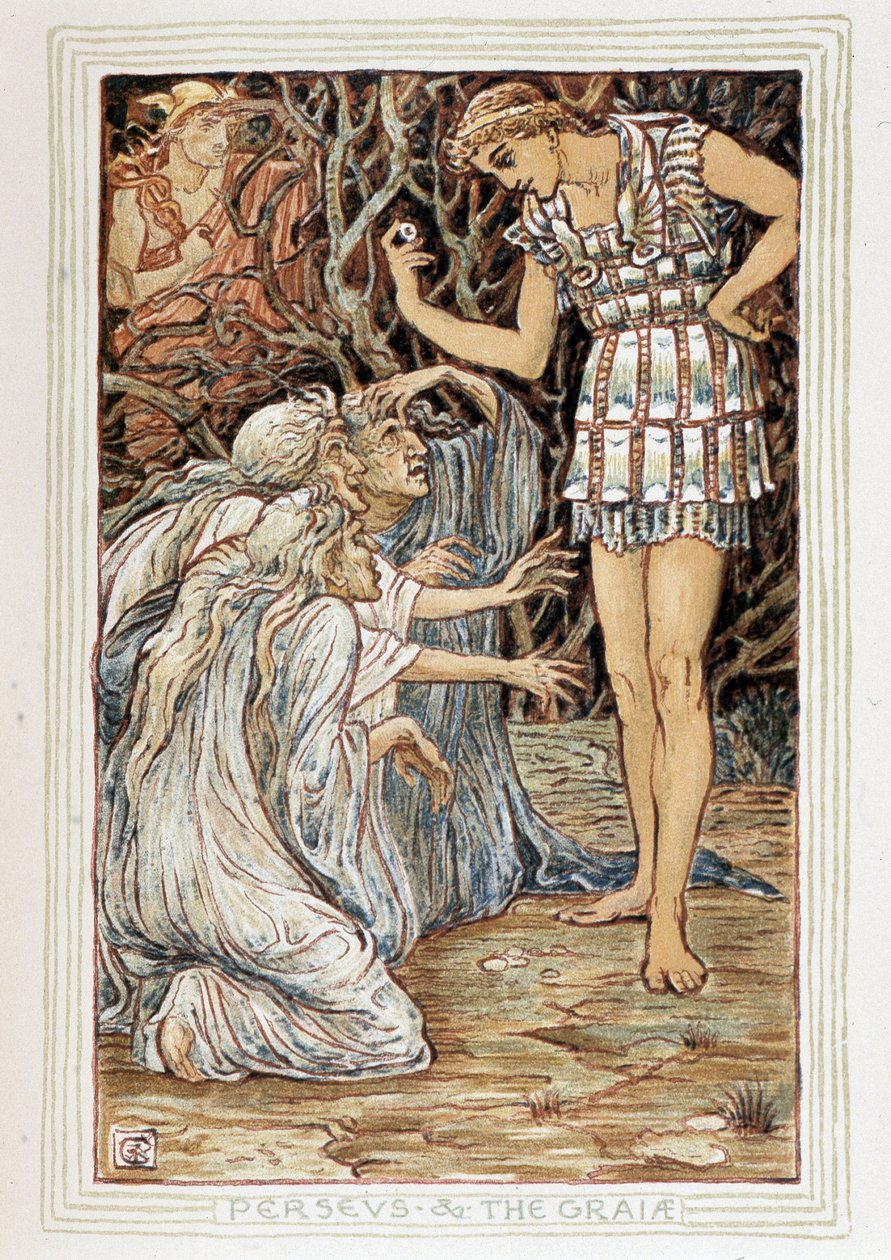 Persee and the Graia (Beotie, 希腊) - 他在 Walter Crane (1845-1915) 所著的““女孩和男孩的奇迹书”中遇到了三个老妇人（女巫？） 作者 沃尔特克兰
