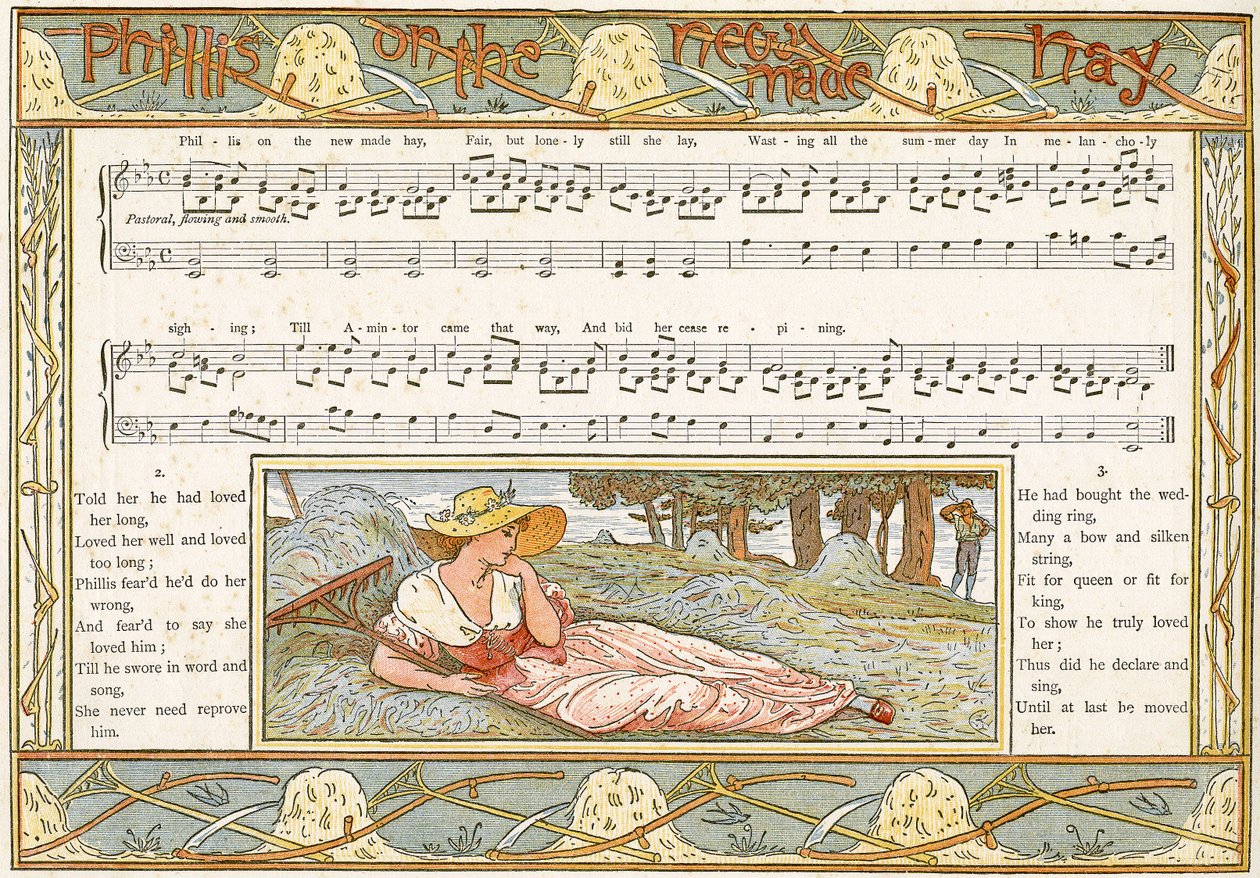 &39;Phillis on the New Made Hay&39;，歌曲插图来自&39;Pan-Pipes&39;，一本旧歌，新安排和Theo陪伴。 Marzials，1884年由George Routledge und Sons在伦敦出版（ 作者 沃尔特克兰
