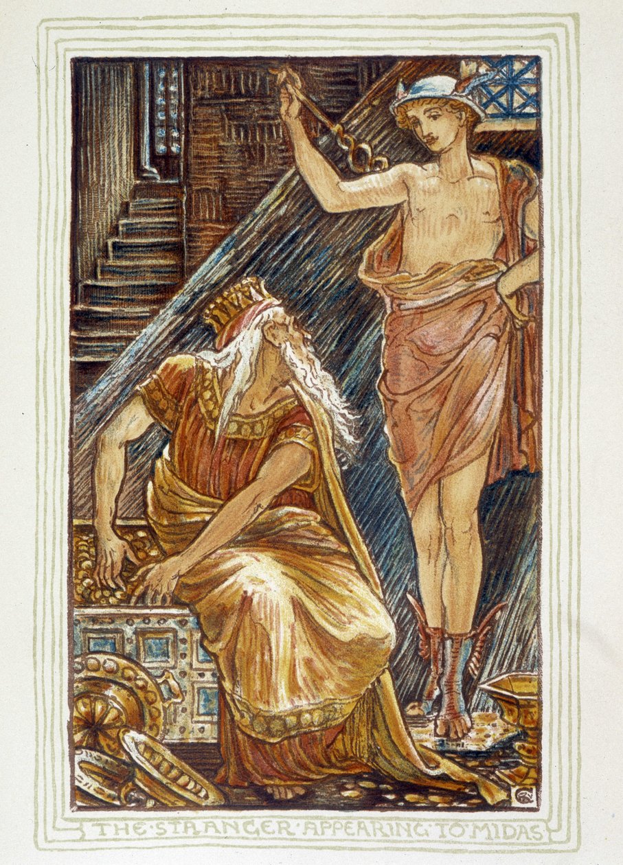 陌生人出现在米达斯面前（Hermes apparait devant Midas）--载于《女孩和男孩的奇书：霍桑》，作者沃尔特-克兰 作者 沃尔特克兰