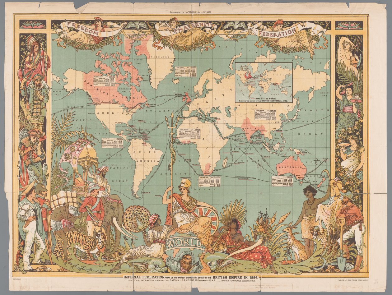 Wereldkaart met het koloniale Britse Rijk, 1886
帝国联邦，显示 1886 年大英帝国版图的世界地图（标题在实物上） 作者 沃尔特克兰