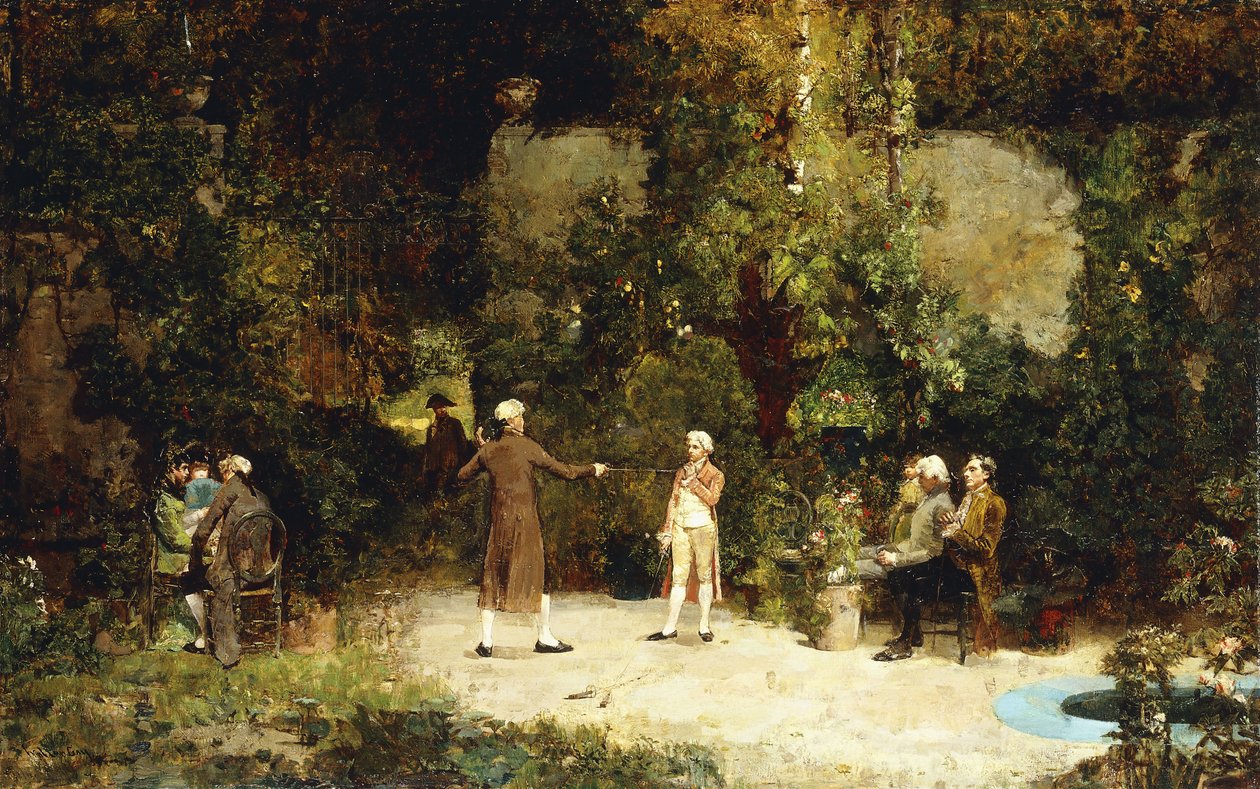 击剑课，约1879年（布面油画） 作者 沃尔特·盖伊