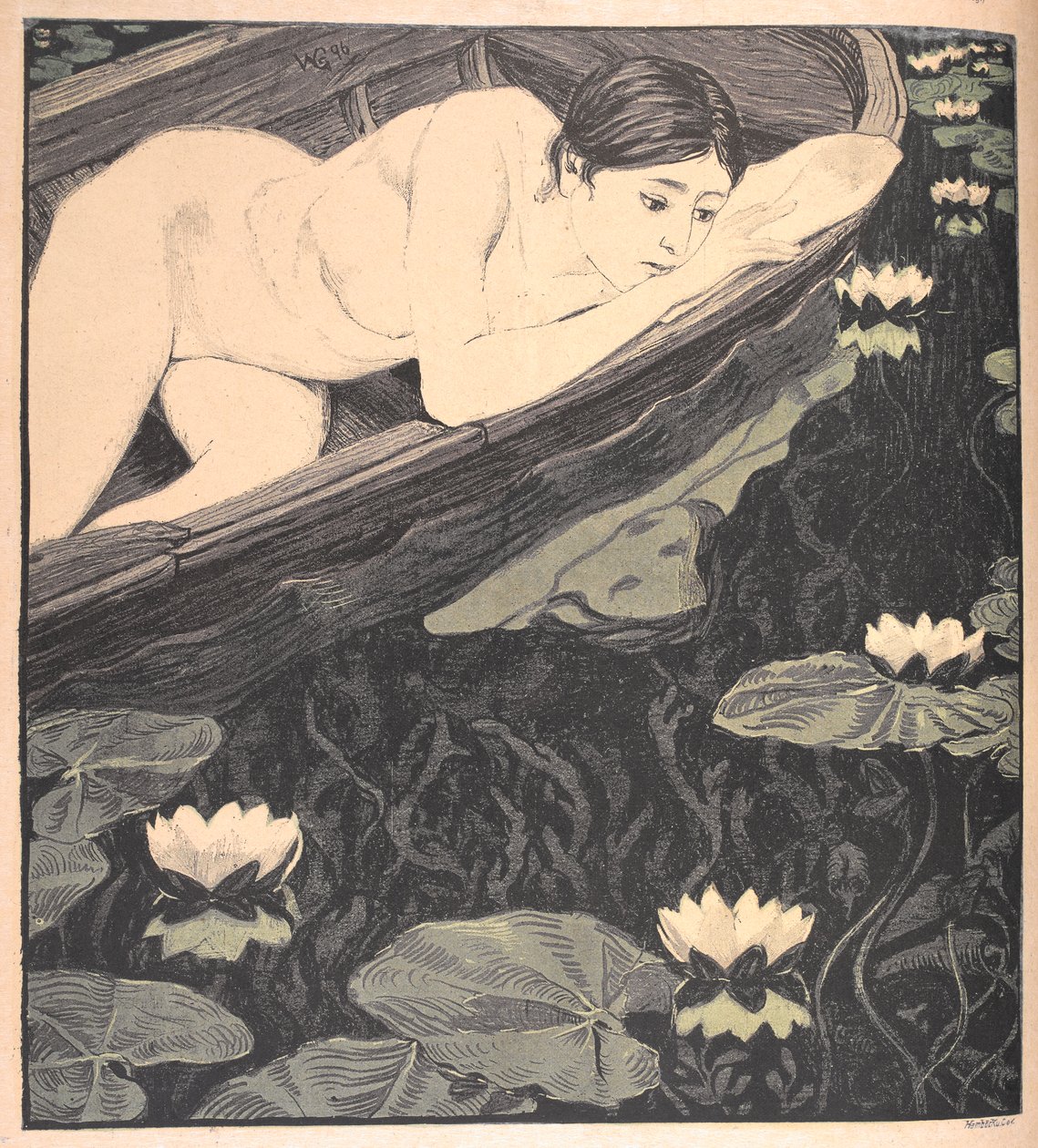 靴子船上的裸女，凝视着睡莲（版画） 作者 沃尔特·乔治