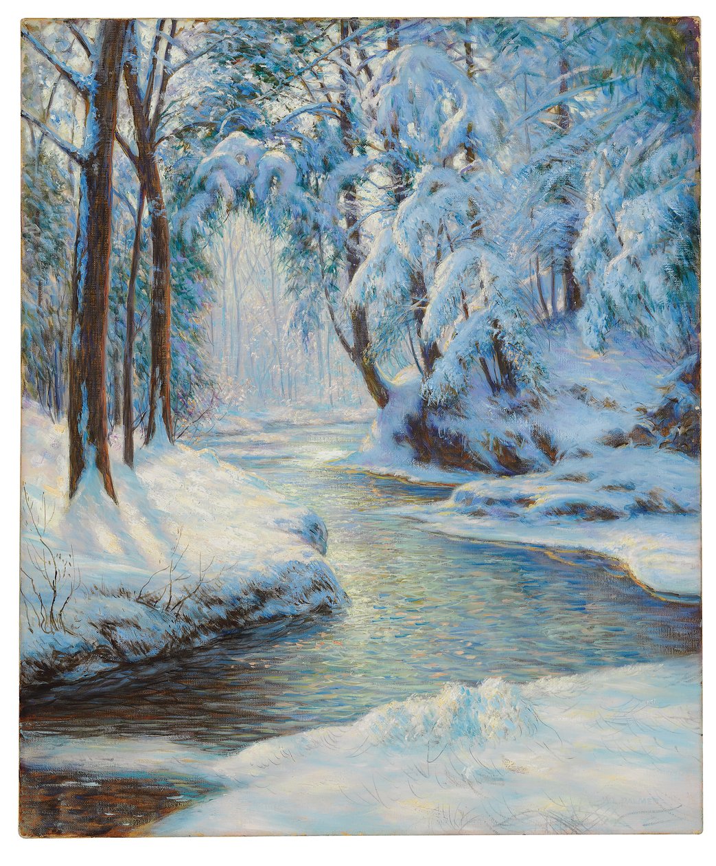 雪景中的溪流，20 世纪初（布面油画） 作者 沃尔特·劳特·帕尔默
