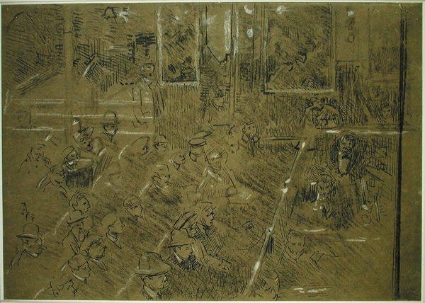 老米德尔塞克斯》的观众研究，约1906-07（棕色纸上的棕白蜡笔、钢笔和黑色墨水） 作者 沃尔特·理查德·西克特