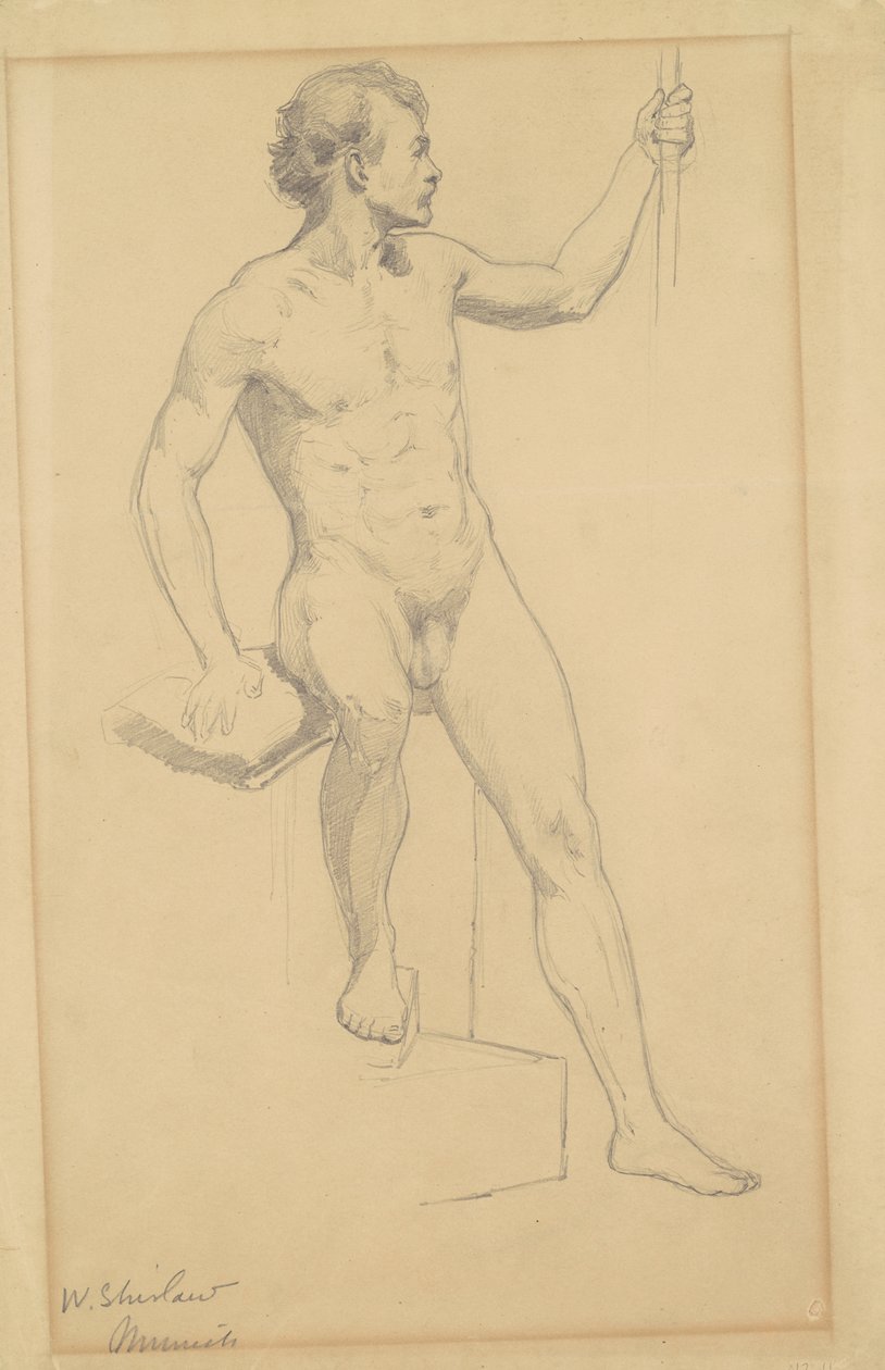 坐着的男性裸体，1870-77（编织纸上的石墨） 作者 沃尔特·斯劳（Walter Shirlaw）