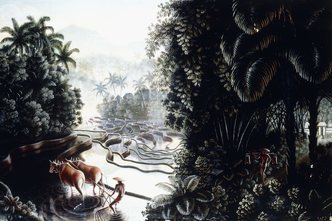 查看萨瓦人（Sawahs）到古隆阿贡（Gunung Agung）的景色c。 1937-1939（船上油） 作者 沃尔特间谍
