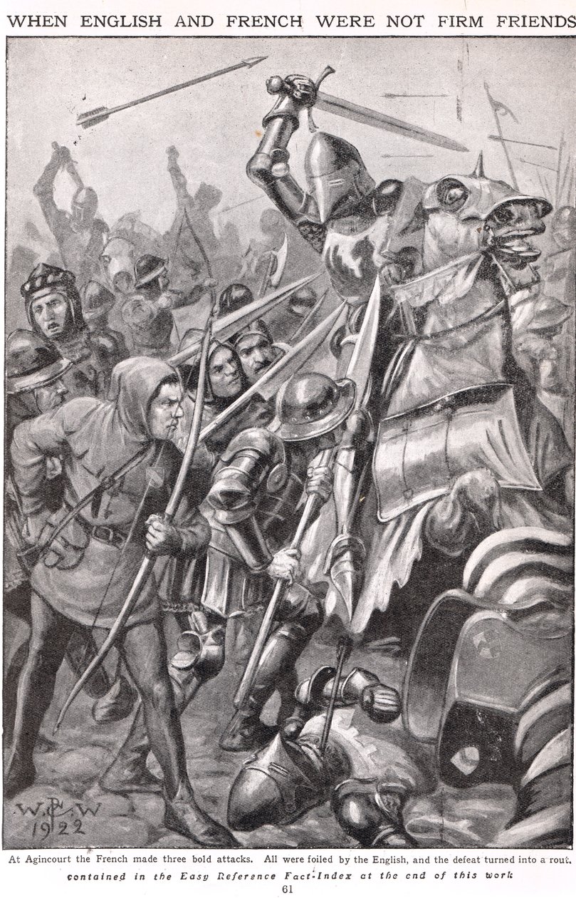 当法国人和英国人在阿金库尔（Agincourt）战斗时，插图为“Newnes Pictorial Book of Knowledge”，c.1920 作者 沃尔特·斯坦利·佩吉特