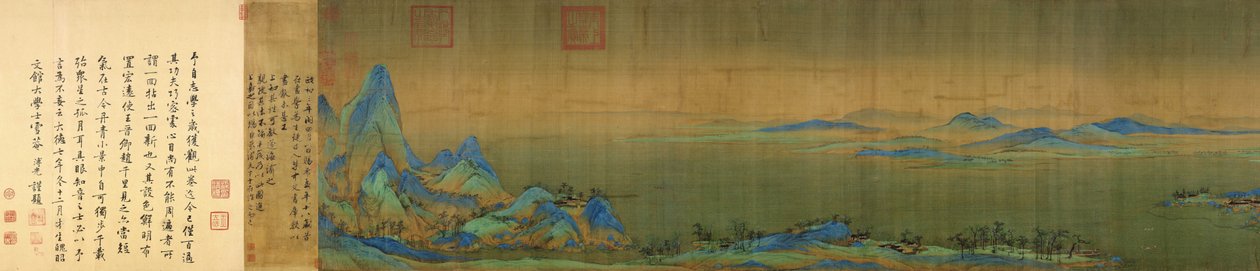 来自千里江或河流和山脉（千里江山）的手工卷轴上的墨水和彩色丝绸。 11.91米x 55.8厘米。 （卷轴末尾）位于北京故宫博物馆 作者 王西萌