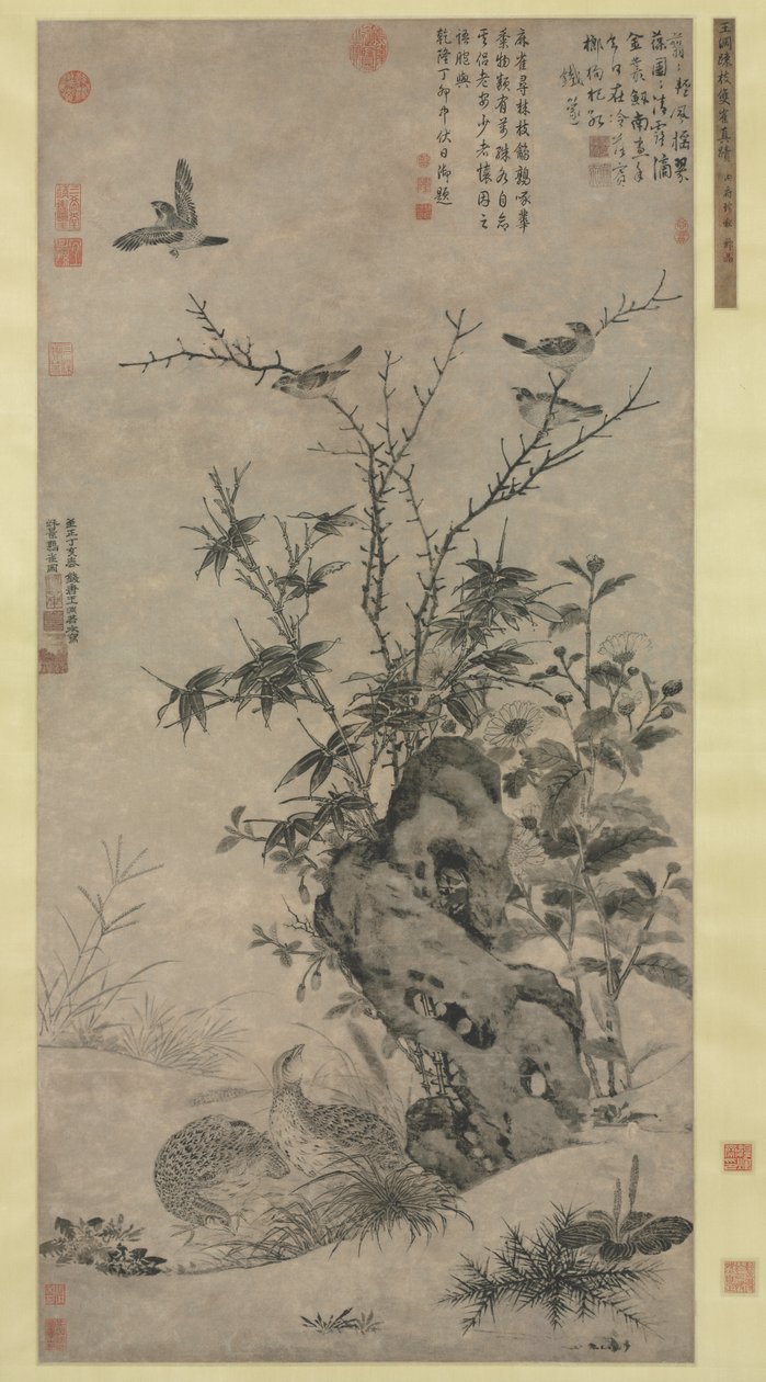 秋景中的鹌鹑和麻雀，1347年。 作者 王源