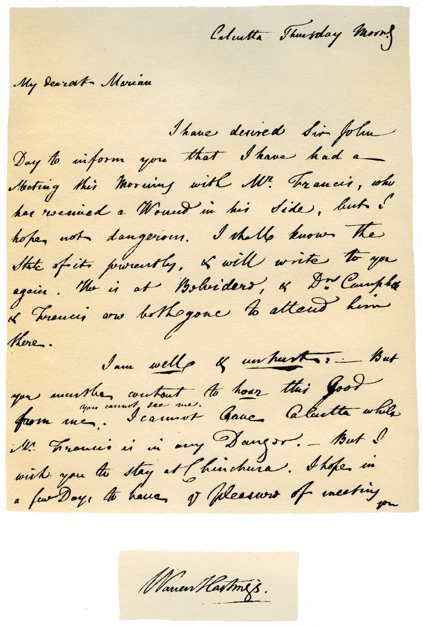 孟加拉总督沃伦·黑斯廷斯（Warren Hastings）于1780年8月17日给他的妻子的信。 作者 沃伦·黑斯廷斯