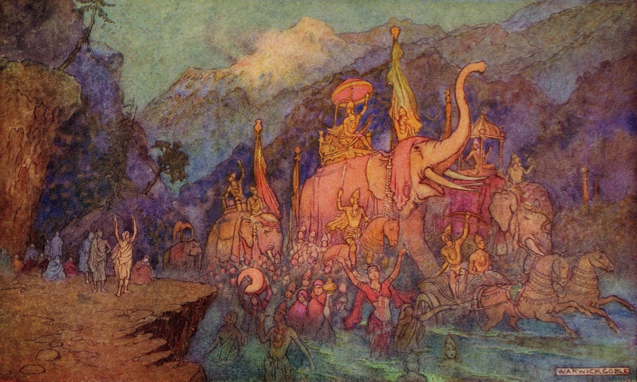“十八日之战中的英雄归来”，Donald A. Mackenzie撰写的“印第安神话与传说”插图，1913年出版 作者 沃里克·戈布尔