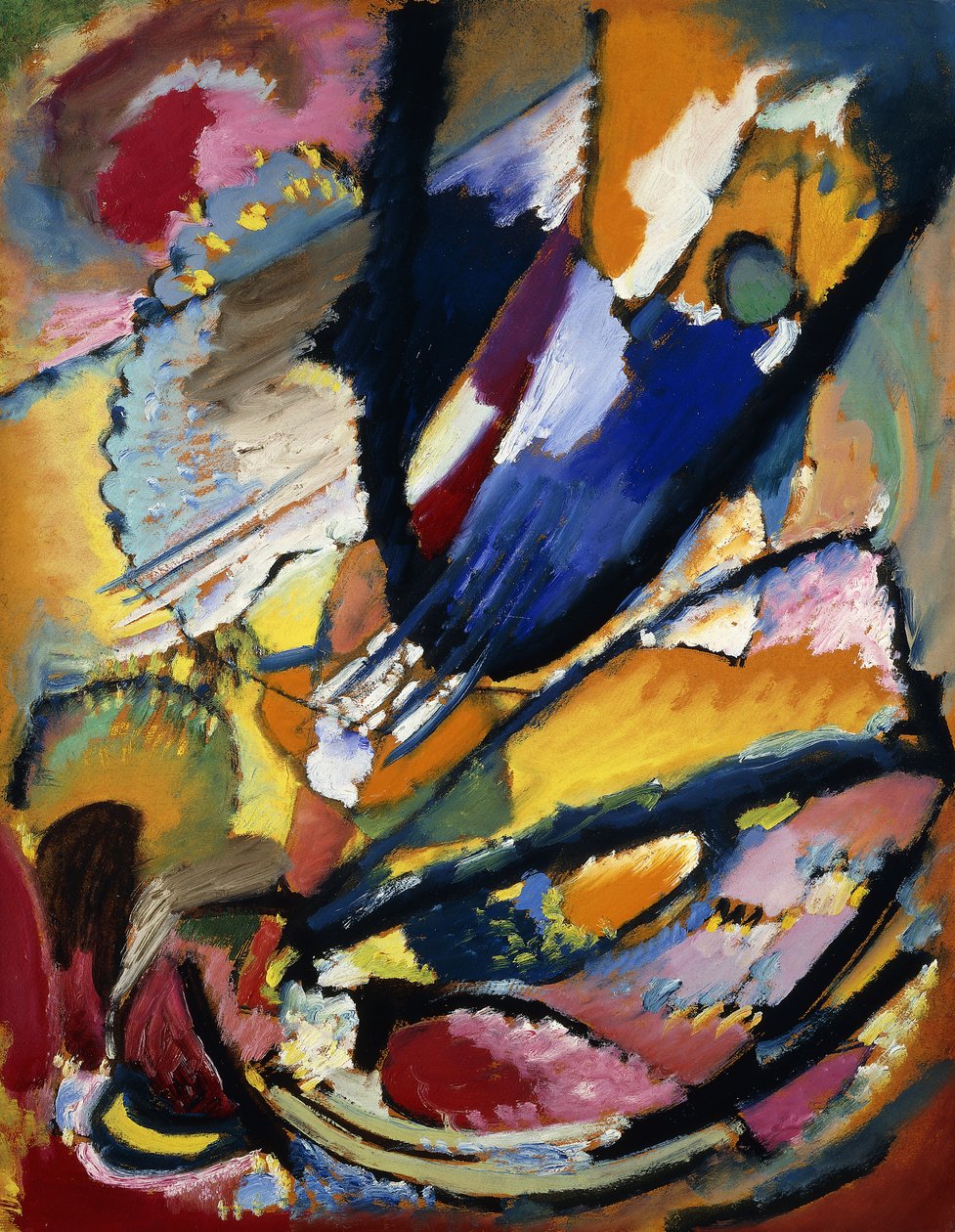 审判的天使； Engel des Jungsten Gerichts，约1911年（镶在板上的纸上油） 作者 瓦西里·康定斯基