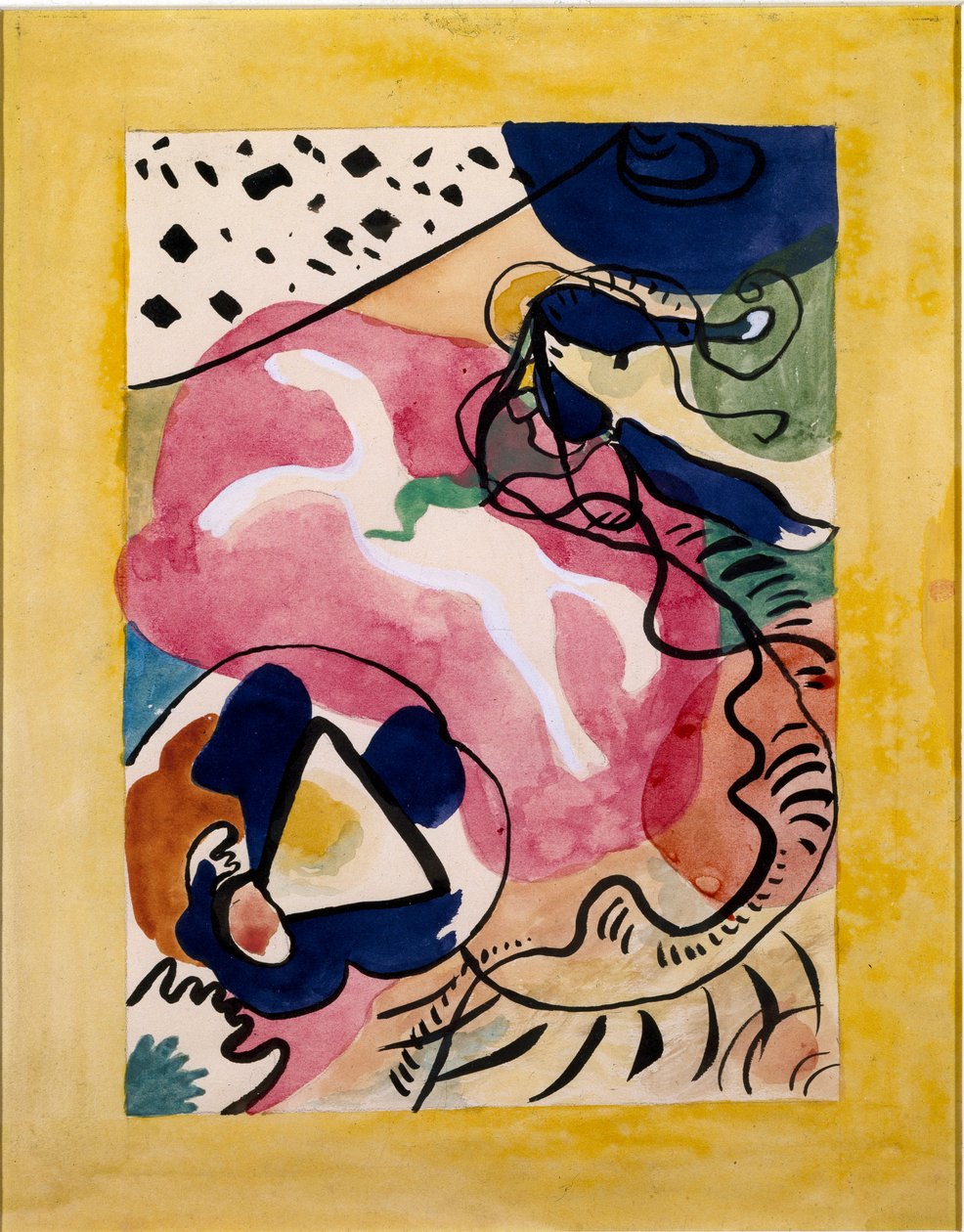 表现主义：由Vassily Kandinsky（或Wassily Kandinski或Kandinskij，1866-1944）为“蓝色骑士”（Der Blaue Reiter）的历书封面项目。中国水墨画。 1911年昏暗。 27,7x21 作者 瓦西里·康定斯基