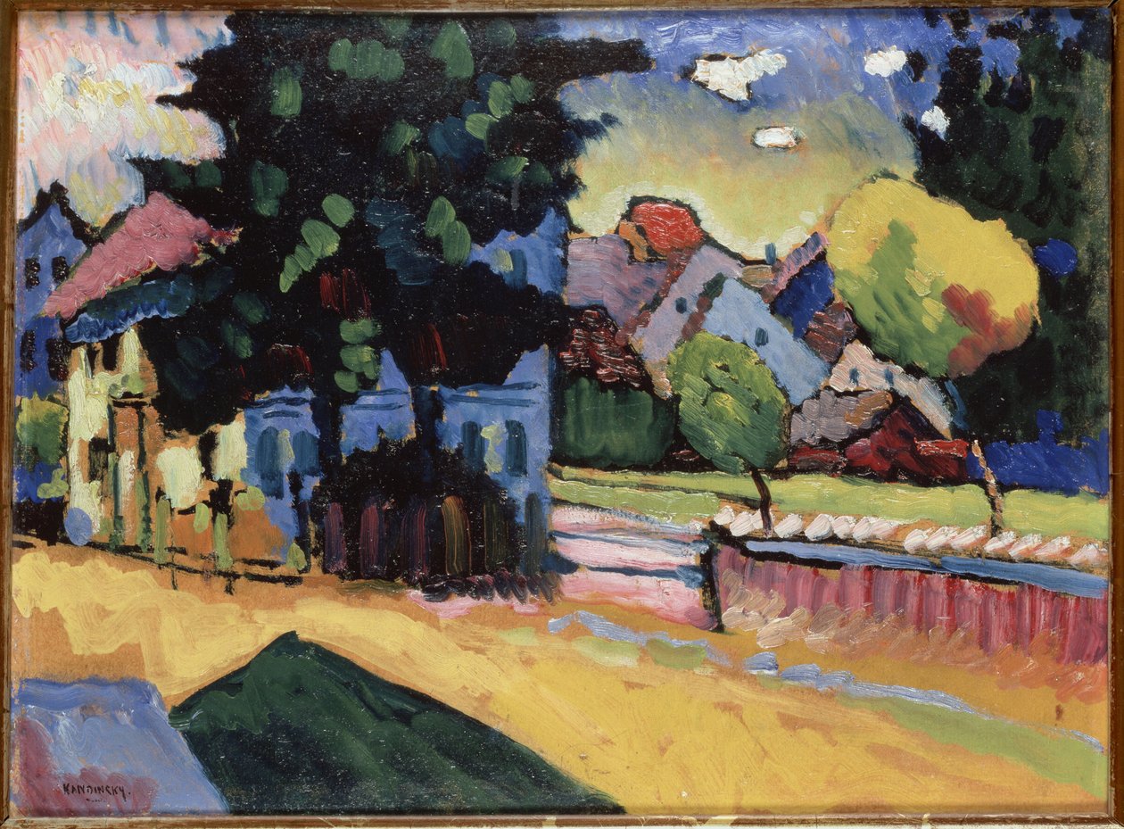 瓦西里-康定斯基（或 Wassily Kandinski 或 Kandinskij）的绘画作品 "有绿房子的风景"（Landscape with a green house）。 作者 瓦西里·康定斯基