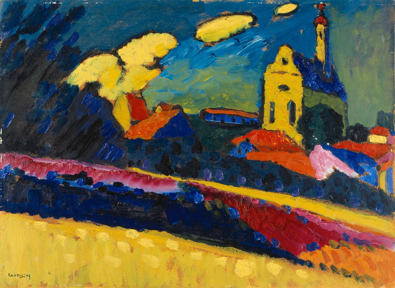 穆尔瑙的研究 - 有教堂的风景，1909年。 作者 瓦西里·康定斯基