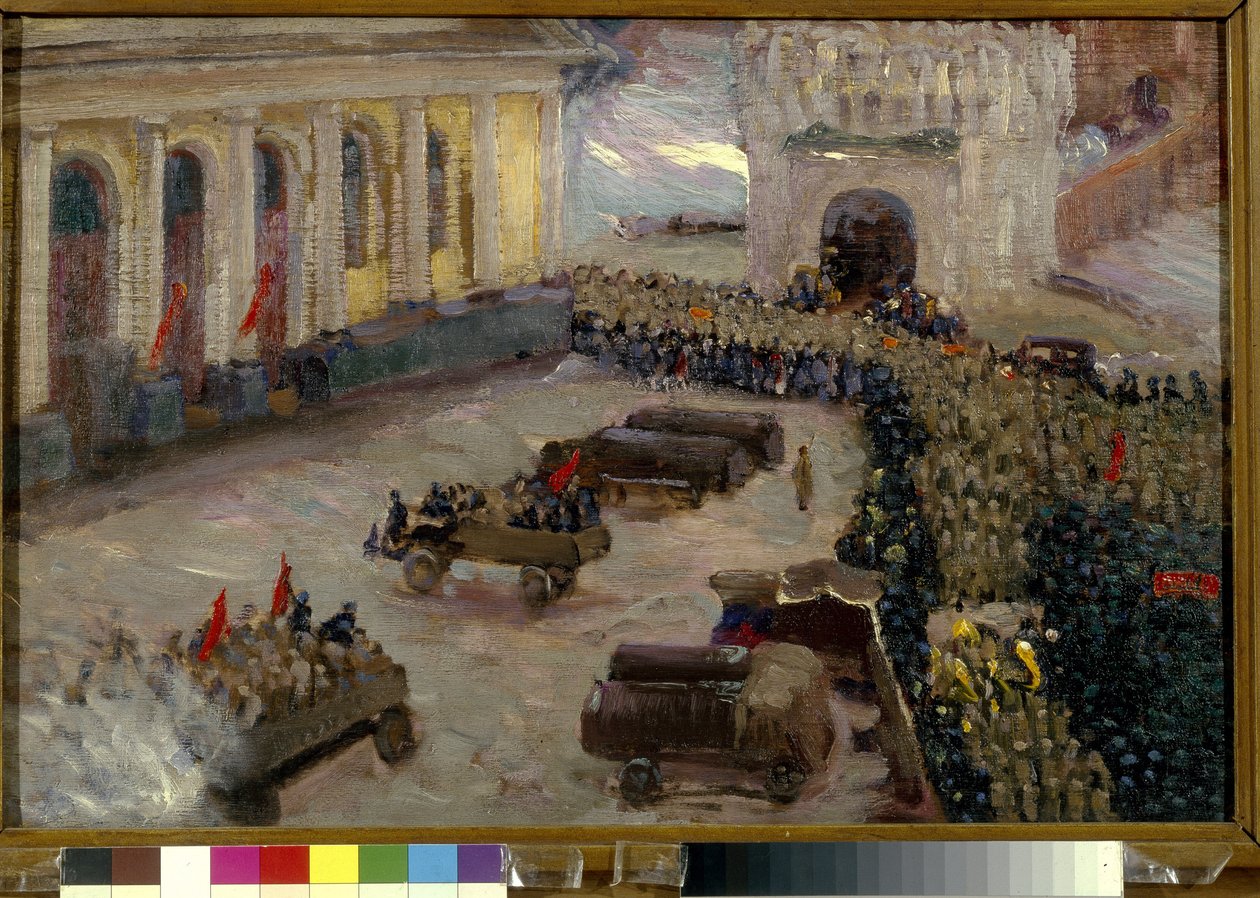 1917 年 2 月，俄国革命发生在莫斯科。 （莫斯科二月革命）。 瓦西里·尼基季奇·梅什科夫 (Vasily Nikitich Meshkov) 的绘画（1868-1946） 作者 瓦西里·米什科夫（Wassily Meshkov）