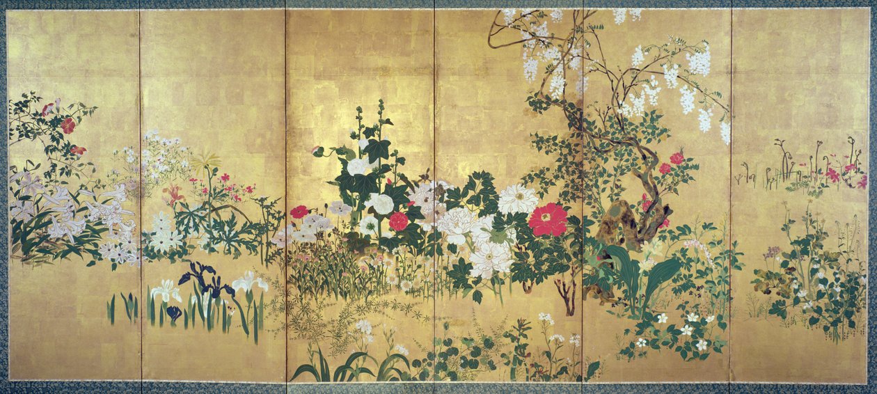 四季花卉（金箔纸上的墨水和wc） 作者 渡边志子