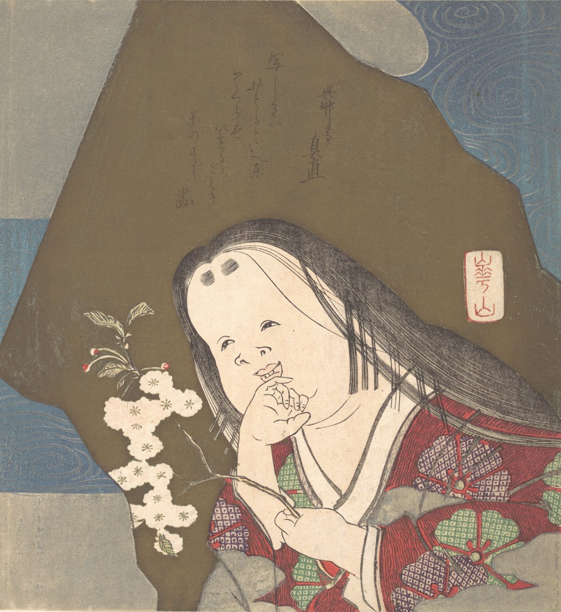 大福手持一枝双白樱花，约1840年。 作者 渡边华山