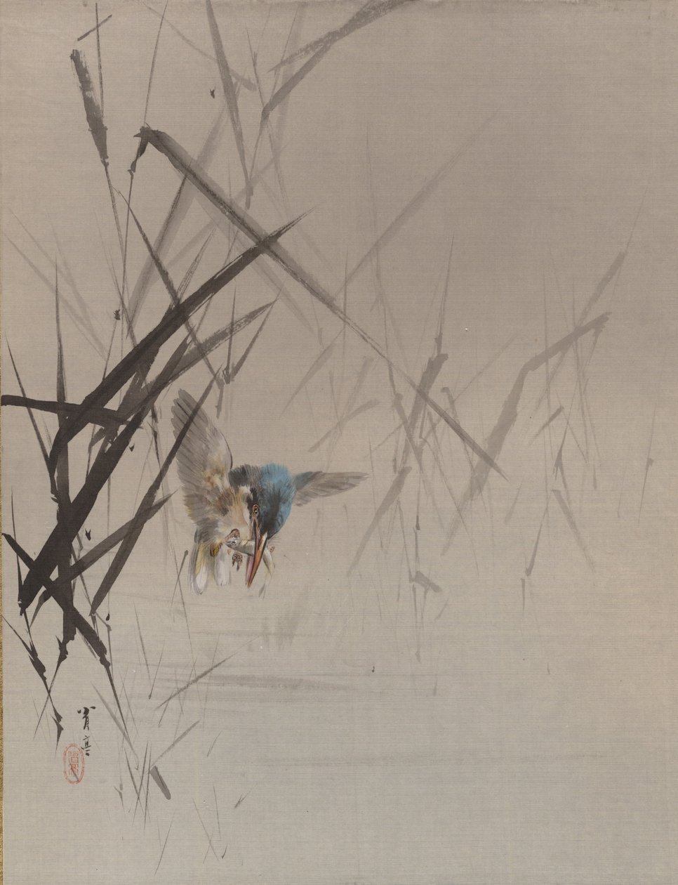 大约在芦苇丛中捉鸟的鱼。 1887年。 作者 渡边页伊