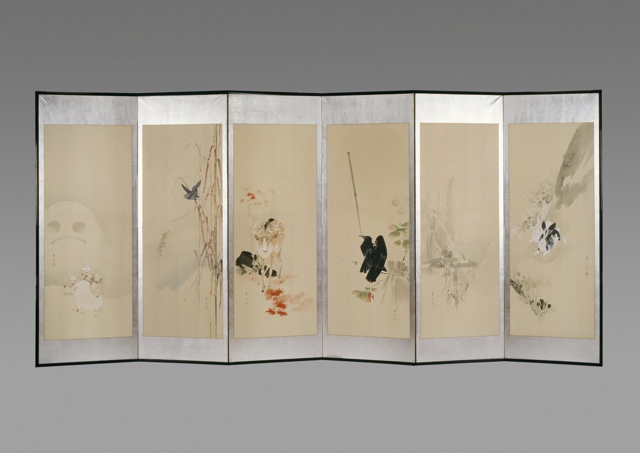折叠屏幕：十二个月的鲜花，c.1900（纸上的墨水和颜色） 作者 渡边页伊