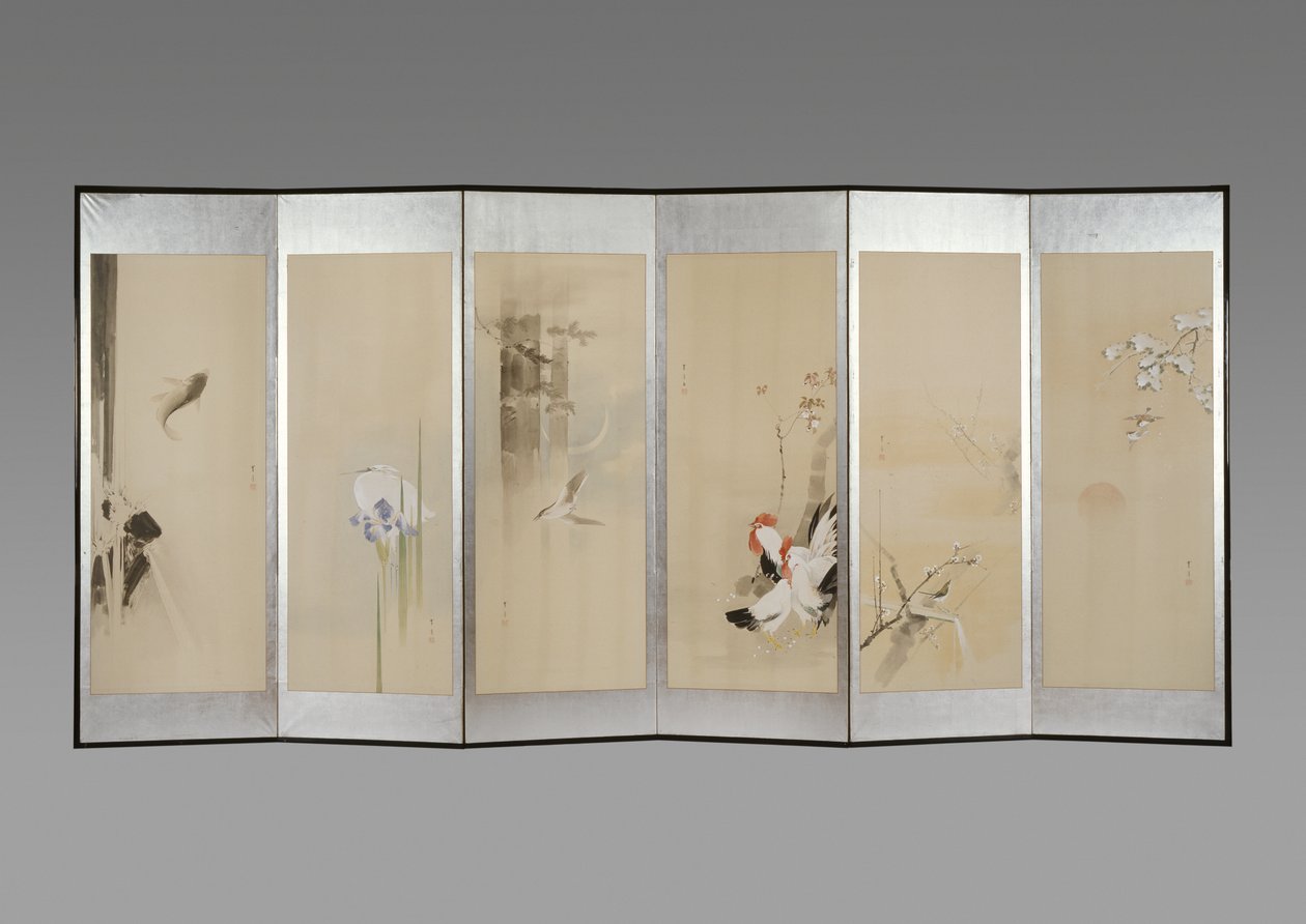一对折叠屏幕：十二个月的鲜花，c.1900（纸上的墨水和颜色） 作者 渡边页伊