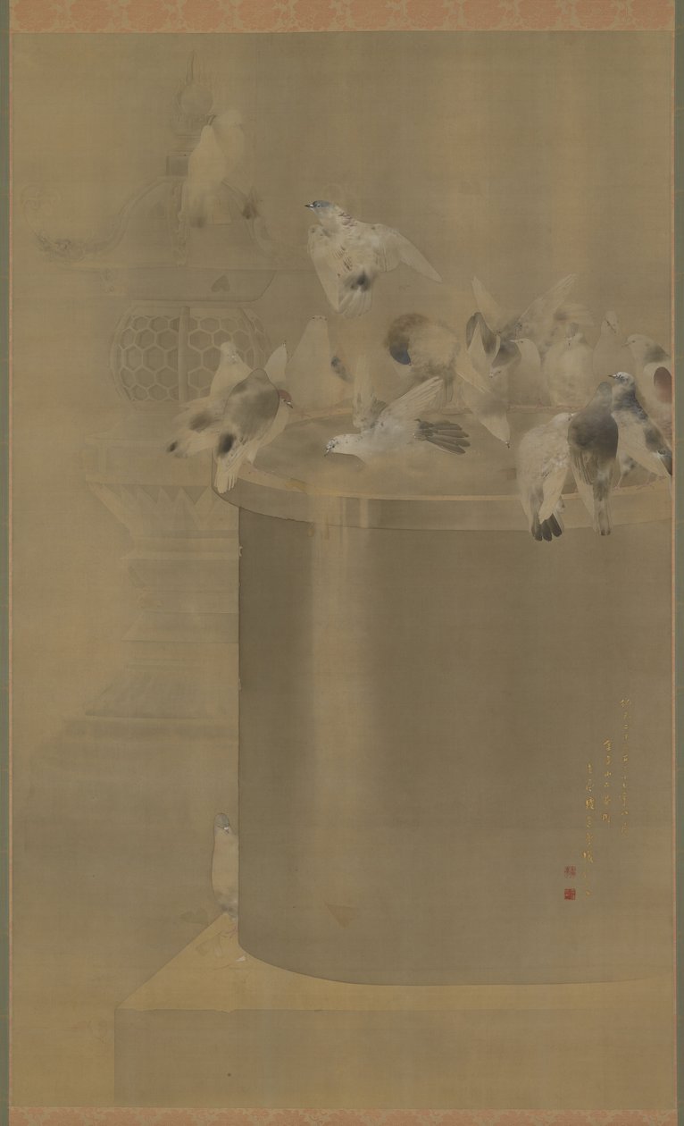 Senjoji（Asakusa Kannon Temple）明治时代的鸽子，1877年（丝绸上的墨水和颜色） 作者 渡边页伊