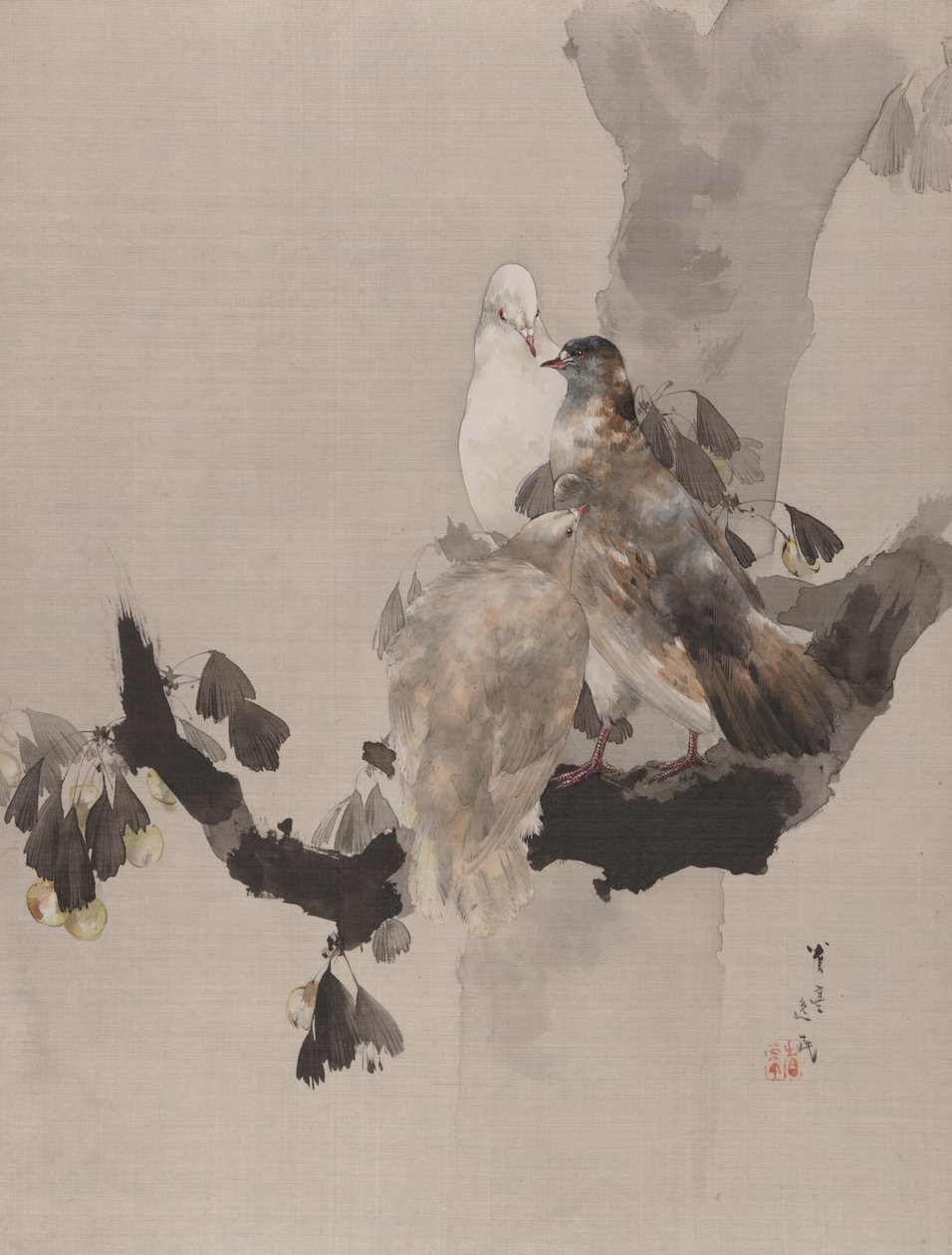 一棵树上的鸽子，ca。 1887年。 作者 渡边页伊