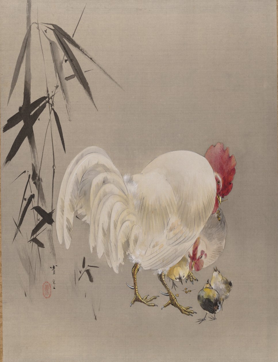 公鸡和母鸡和小鸡，约。 1887年。 作者 渡边页伊