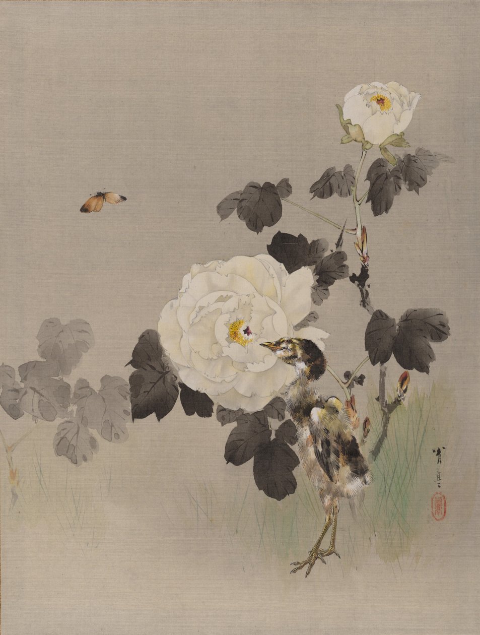 玫瑰，幼鸟和蝴蝶，约。 1887年。 作者 渡边页伊