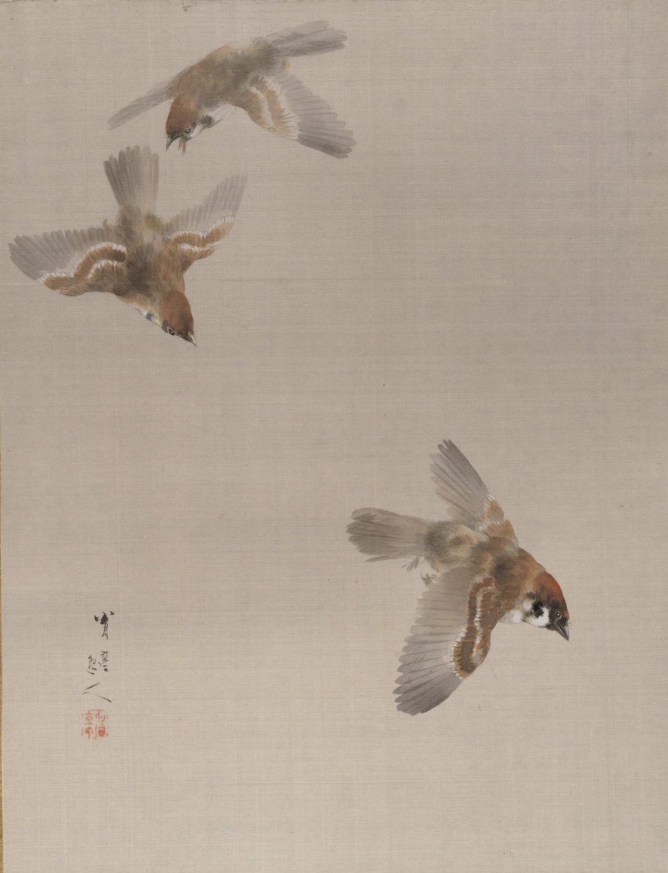 麻雀飞翔，约1887年。 作者 渡边页伊