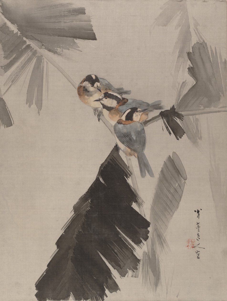 树枝上的三只小鸟，约。 1887年。 作者 渡边页伊