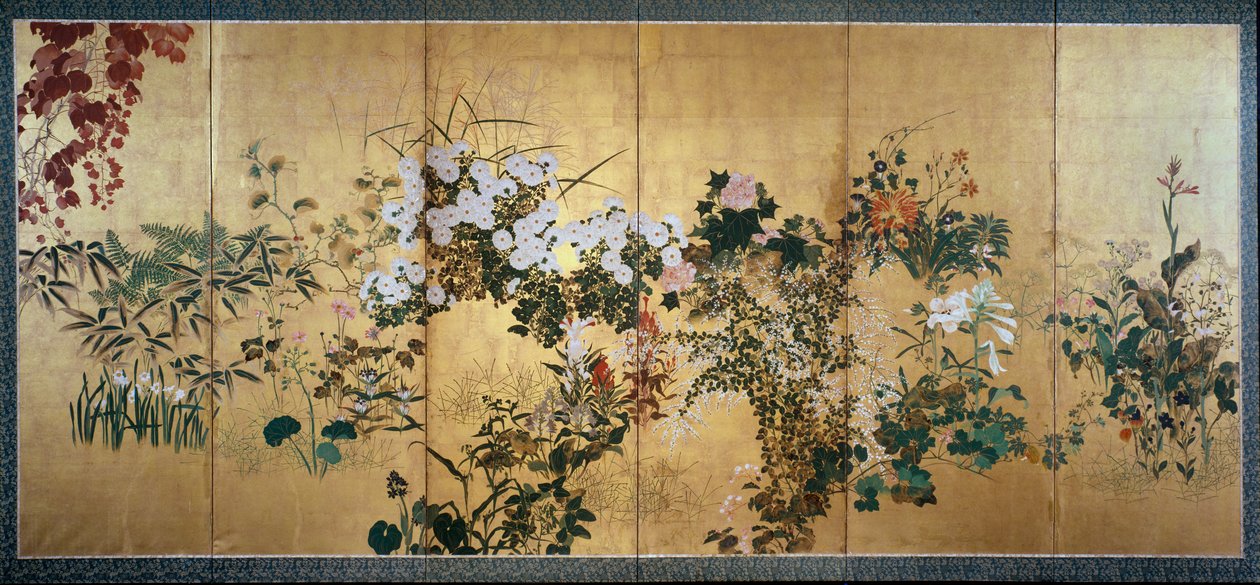 秋冬花屏风，18世纪初 作者 渡边志子