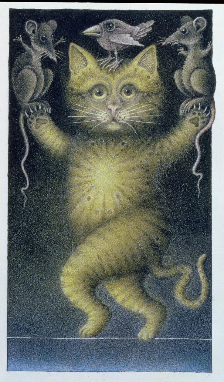 走钢丝的猫，与鸟和老鼠平衡（纸上铅笔和彩色蜡笔） 作者 韦恩·安德森
