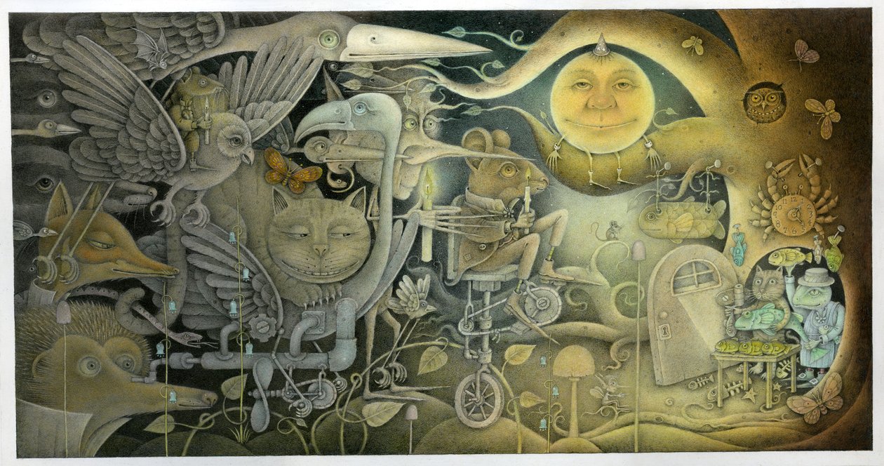 黑暗中出现的生物，2010 年（艺术板上的混合媒介） 作者 韦恩·安德森