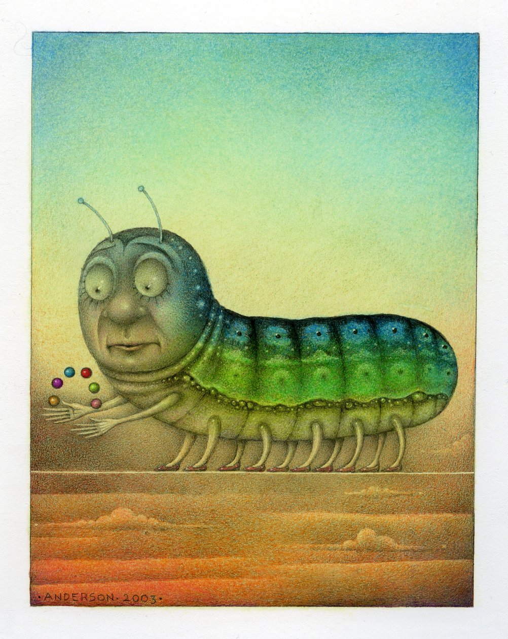 杂耍毛毛虫》，2003 年（艺术板上的混合媒介） 作者 韦恩·安德森