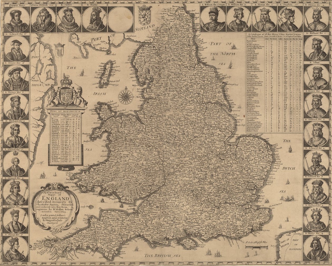一幅新的、精确的英格兰地图，1644年。 作者 瓦茨劳斯·霍拉尔