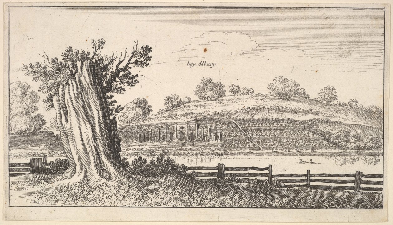 有树桩的奥尔伯里在前景，1625-77。 作者 瓦茨劳斯·霍拉尔